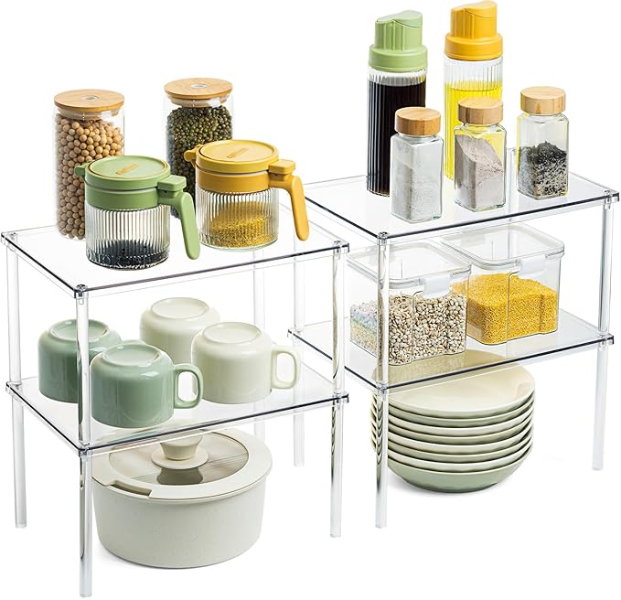 Acrylic Cabinet Organizer, Set of 4 Spice Rack Organizer for Cabinet, Desk Countertop Shelf Organizer, Pantry Kitchen Storage and Organization, Stackable Shelves House Essentials for Gift
