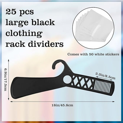 25 Pcs Large Closet Dividers and 50 Pcs White Blank Cards 18 Inch Clothing Rack Size Dividers for Hanging Clothes, Black Garment Rack Tag for Clothes Organization