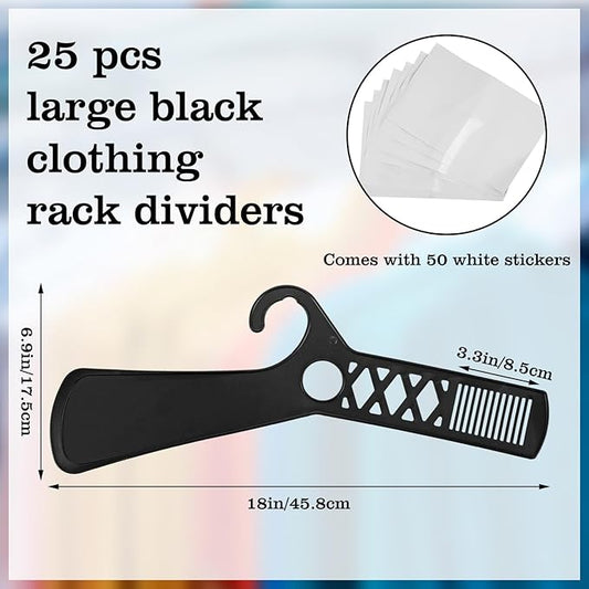 25 Pcs Large Closet Dividers and 50 Pcs White Blank Cards 18 Inch Clothing Rack Size Dividers for Hanging Clothes, Black Garment Rack Tag for Clothes Organization