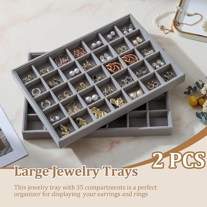 KATISYIO Large Velvet Jewelry Tray 2 Pack Stackable Jewelry Display Drawer Inserts Trays Organizer for Earring Bracelet Necklace Ring (Gray, 35 Grids)