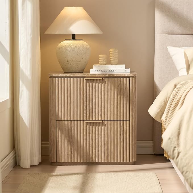 Fluted Nightstand Set of 2, Bedside Table with 2 Drawers, Engineered Wood End Table with Faux Marble-Top, Curved Corners, Metal Handle, Modern Night Stand for Bedroom, Small Spaces, Natural Oak