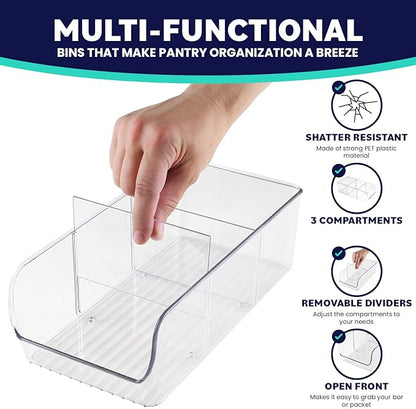ELTOW 4-Pack Snack Organizer, 3-Compartment Plastic Bins with Removable Dividers, Chip & Food Storage for Pantry, Spices, Fridge, and Cabinet