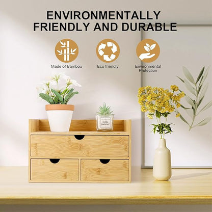 Bamboo Desk Organizer 3 Drawer with Shelf, Countertop Organizer with Drawers Makeup Storage Drawer 3 Drawers Tabletop Storage Organization Box Home Office Workspace