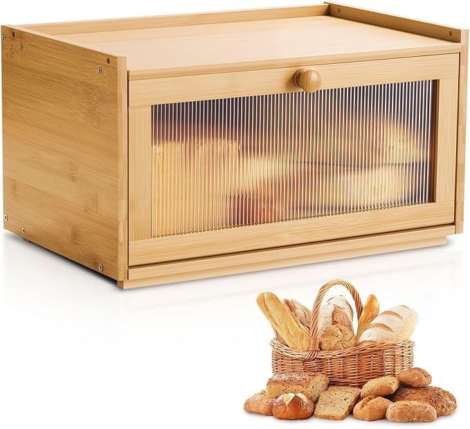 VEVOR Bread Box for Kitchen Counter, Large Capacity Bamboo Bread Storage Container, Farmhouse Wooden Breadbox Organizer for Homemade Bread, Storage Holder Bin with Acrylic Wavy Door Panel, Natural