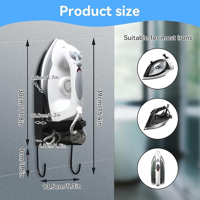 Ironing Board Hanger Wall Mount, Electric Iron and Iron Board Holder Storage with Removable Hooks for Household Bathroom, Laundry Room(Black)