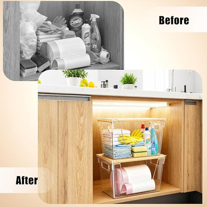 2 Pack Trash Bag Dispenser with Bamboo Lid, Stackable Trash Bag Holder, Large Clear Garbage Bag Organizer for 4-33 Gal Bags, Space-Saving Under Sink Organizer for Kitchen, Laundry, Pantry