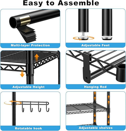 Rolling Heavy Duty Clothes Racks for Hanging Clothes, Portable Garment Clothing Rack with Shelves Double Rods and Side Hooks, Freestanding Wardrobe Closet Organizer Storage, 45"X17.1"X76.4"