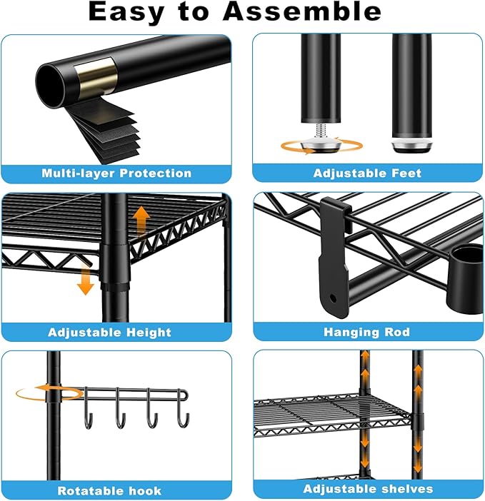 Rolling Heavy Duty Clothes Racks for Hanging Clothes, 5 Tiers Portable Garment Clothing Rack with Shelves Double Rods and Side Hooks, Freestanding Wardrobe Closet Organizer Storage, 45"X17.1"X76.4"