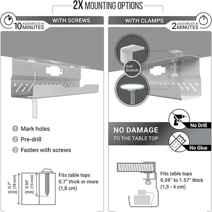 Under Desk Cable Management Tray no Drill – Wire Management - Cord Organizer – Huge Load Capacity – Under Desk Cable Tray no Drill (White, 1 Piece Set)