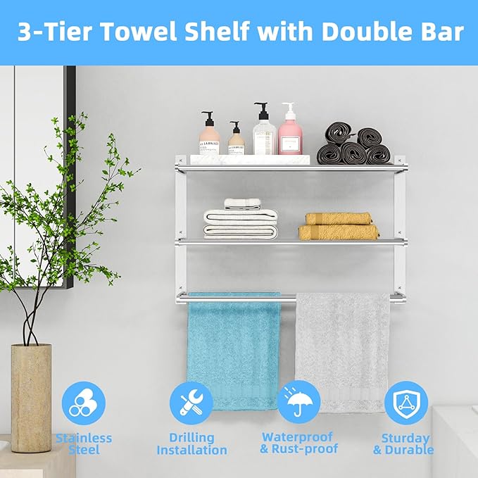 Bathroom Towel Rack 24", 3 Tier Towel Racks for Bathroom Wall Mounted, Bathroom Shelf with Double Towel Bar, Stainless Steel Towel Storage for Bathroom Lavatory Towel Holder Hanger, Brushed Nickel