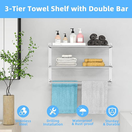 Bathroom Towel Rack 24", 3 Tier Towel Racks for Bathroom Wall Mounted, Bathroom Shelf with Double Towel Bar, Stainless Steel Towel Storage for Bathroom Lavatory Towel Holder Hanger, Brushed Nickel
