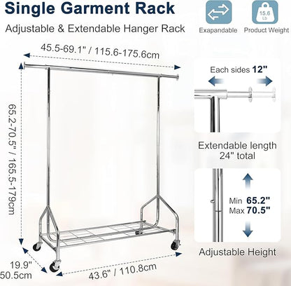 Whitmor Heavy Duty Clothes Rack, Rolling Garment Rack with Lockable Wheels, Adjustable & Extendable Metal Clothing Rack Shelves with Bottom Shelf, Max Load 450LBS for Hanging Clothes, Chrome