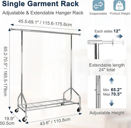 Whitmor Heavy Duty Clothes Rack, Rolling Garment Rack with Lockable Wheels, Adjustable & Extendable Metal Clothing Rack Shelves with Bottom Shelf, Max Load 450LBS for Hanging Clothes, Chrome