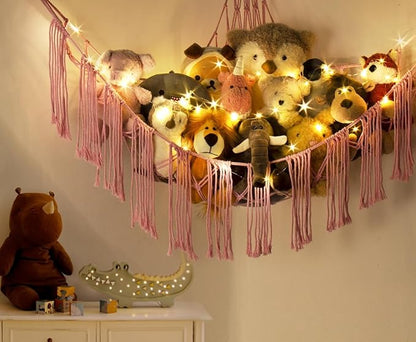 Stuffed Animal Storage Hammock Corner X-Large with LED Light - Baby Hammock Hanging Holder Plushies Net for Stuff Animals Organizer - Cute Room Decor Aesthetic Kids Toddler Nursery Bedroom