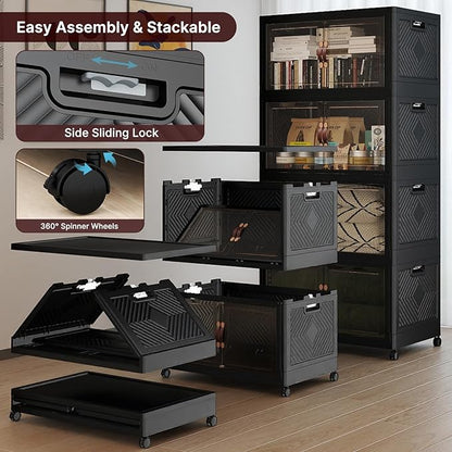Extra Large Stackable Storage Bins, Lockable Storage Bins with Lids, Folding Storage box with Doors and Wheels, Collapsible Plastic Drawers for Home, Garage, Office (4, Black, Extra Large)