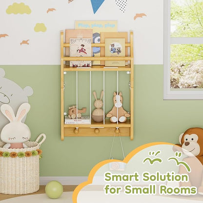 Wall-Mounted Kids Bookshelf, 2-Tier Bamboo Floating Nursery Book Shelf, Picture Ledge Shelf for Wall Decor and Storage, Hanging Toy Shelf Organizer for Baby Rooms Playroom Bedroom