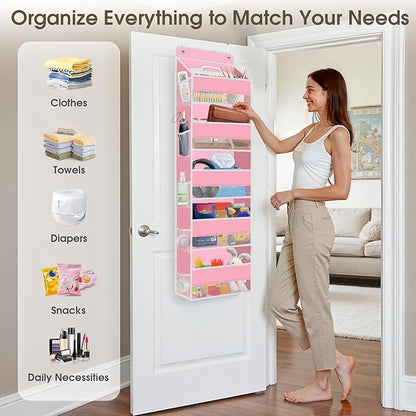 2 Pack Over The Door Organizer Hanging Storage Organizers with Clear Window 40lb Large Capacity Room Organizer for Pantry Laundry Bathroom Nursery Closet(Pink)