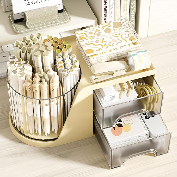 Rotation Pen Holder for Desk Cute Pencil Cup Pot Desktop Organizer and Accessories for Girls Kids Makeup Brush Holder (Beige)