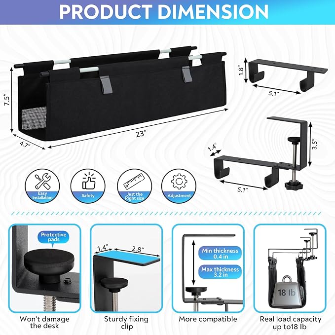 Fabric Under Desk Cable Organizer - Desk Cord Organizer with 20-Piece Cable Management Kit, Easy Installation with Clamp or Screw Mount for Standing Desk Cable Management, Home and Office