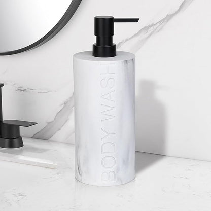 Indecor Home Resin White Marbled Body Wash Engraved Bottle Refillable Pump Dispenser, Durable Waterproof Construction for Bath, Shower - Resin White Marble - Matte Black Pump