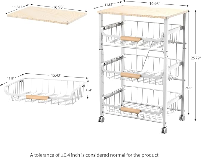 JAQ Fruit Vegetables Carts, 4-Tier Slide Out Metal Storage Basket Stand Rack Organizers with Wood Top and Handle with Rolling Wheels for Snack Veggie Produce in Kitchen Pantry Floor (White, 4 -Tier)