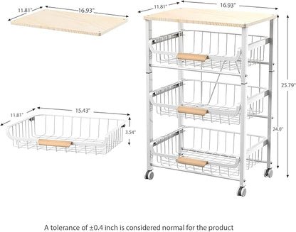 JAQ Fruit Vegetables Carts, 4-Tier Slide Out Metal Storage Basket Stand Rack Organizers with Wood Top and Handle with Rolling Wheels for Snack Veggie Produce in Kitchen Pantry Floor (White, 4 -Tier)
