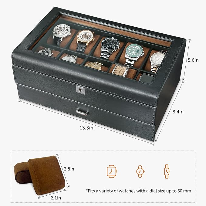 HELMDY Leather Watch Box with Drawer-10 Slots Locking Jewelry Watches Holder for Men-Luxury Watch Case Display Organizer-2 Tier Organizer Watch Showcase-Storage Case