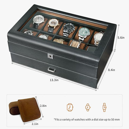 HELMDY Leather Watch Box with Drawer-10 Slots Locking Jewelry Watches Holder for Men-Luxury Watch Case Display Organizer-2 Tier Organizer Watch Showcase-Storage Case
