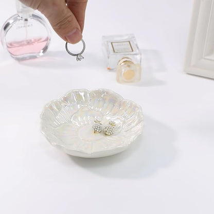 YZMICSTAR Flower Ring Dish Holder,Jewelry Dish Tray,Small Trinket Tray,Jewelry Plate Bowl,Key Bowl,Decorative Plate,Birtdhay Christmas Gifts for Women Friends,Ceramic Pearl White