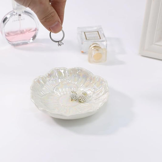 YZMICSTAR Flower Ring Dish Holder,Jewelry Dish Tray,Small Trinket Tray,Jewelry Plate Bowl,Key Bowl,Decorative Plate,Birtdhay Christmas Gifts for Women Friends,Ceramic Pearl White