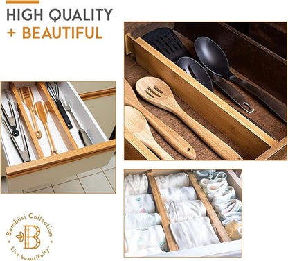 4 Pack Drawer Divider - Bamboo 2.6" High, 12.5-17" Adjustable Drawer Organizers for Clothes, Expandable Dresser Separators in Bedroom, Bathroom, Kitchen, Office Organization and Storage