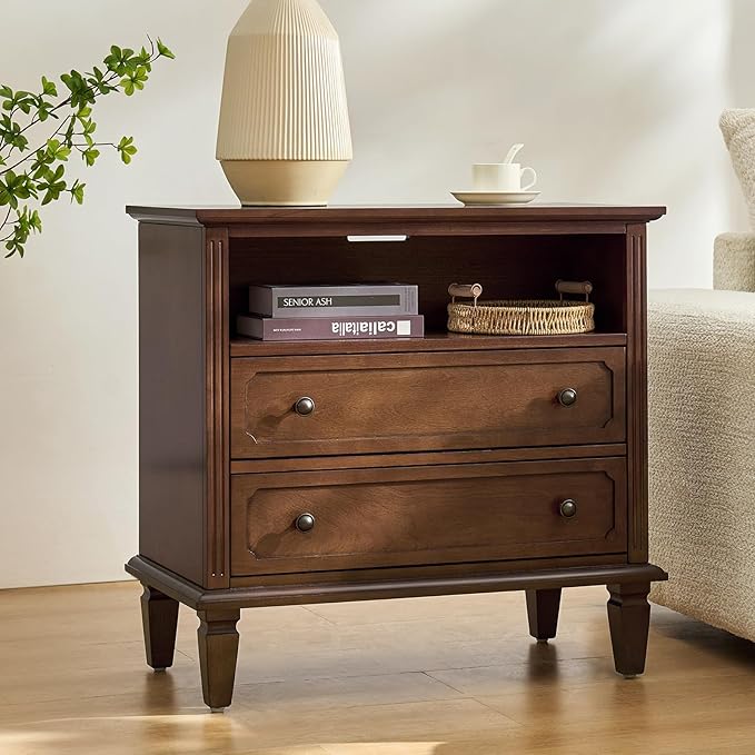 HULALA HOME Farmhouse End Table with Charging Station, End Table with USB Ports & Outlets, Fluted Pilasters Design Side Table with Open Space and 2 Drawers Dresser for Living Room, Walnut