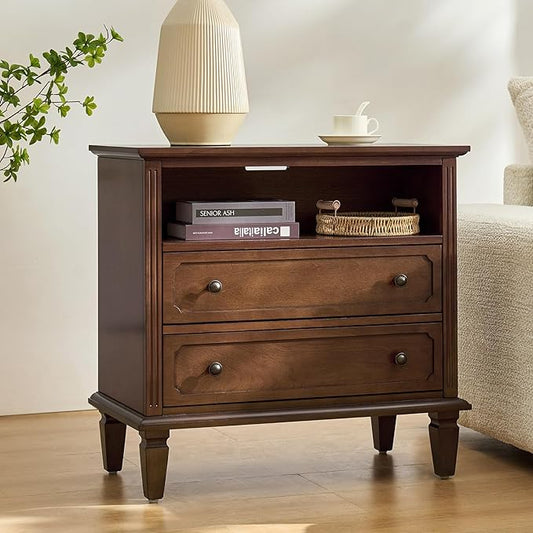 HULALA HOME Farmhouse End Table with Charging Station, End Table with USB Ports & Outlets, Fluted Pilasters Design Side Table with Open Space and 2 Drawers Dresser for Living Room, Walnut