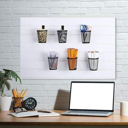 6 Set Slatwall Cups with Hook Loops, Mesh Steel Slatwall Tool Holder Bin Cups Pencil Holder Metal Slat Wall Organizer Accesories for Craft Garage Workshop Office Storage(Medium,Black)