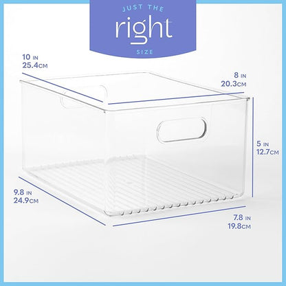 primebox Plastic Food Storage 4 Pack Clear Container Bin with Handles for Organizing Kitchen, Pantry, Refrigerator, Freezer, Pantry, Cabinet, Closet, Bathroom 10”x8”x5”