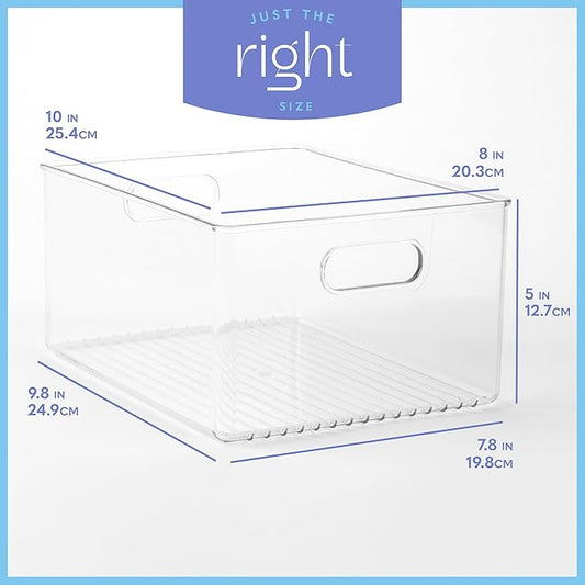 primebox 4 Pack Clear Plastic Organizer Bins with Handles for Home Organization. Storage Containers for Organizing Fridge, Freezer, Cabinet. Pantry, Great for Kitchen, Garage, Laundry Room. 10"x8"x5"