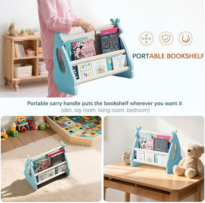 Double Sided Kids Bookshelf – 2 Tier Portable Toddler Bookshelf, Book Shelf for Kids Rooms & Playroom, Cute Kangaroo Design Wooden Montessori Baby Bookshelf,Toddler Book Display Shelves,Blue