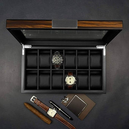 Lifomenz Co 12 Watch Box for Men Watch Display Case Wood Luxury Watch Box with Large Glass Window,Watch Organizer Box with Ultra Smooth PU Leather Interior