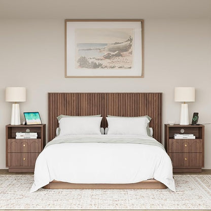 FORTUNETEC Nightstand with Charging Station, Mid Century Modern Nightstand with Arched Design, Minimalist End Table with Wood Grain Texture, Bedside Table for Bedroom Living Room Sofa Office, Walnut