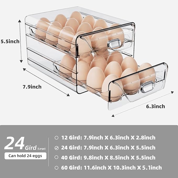 HIYOHIYO Clear 24 Egg Holder for Fridge, Large Egg Organizer for Refrigerator, Stackable Egg Storage Trays for Countertop, Eggs Drawer Dispenser with Time Scale (2 Layer, 7.9"x 6.3"x 5.5")