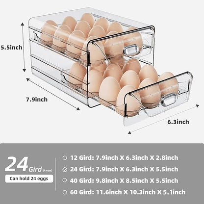 HIYOHIYO Clear 24 Egg Holder for Fridge, Large Egg Organizer for Refrigerator, Stackable Egg Storage Trays for Countertop, Eggs Drawer Dispenser with Time Scale (2 Layer, 7.9"x 6.3"x 5.5")