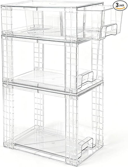 3 Pack Stackable Storage Drawers, Clear Plastic Storage Bins with Pull-out Handle for Kitchen Pantry Cabinet Bathroom Under Sink Organization