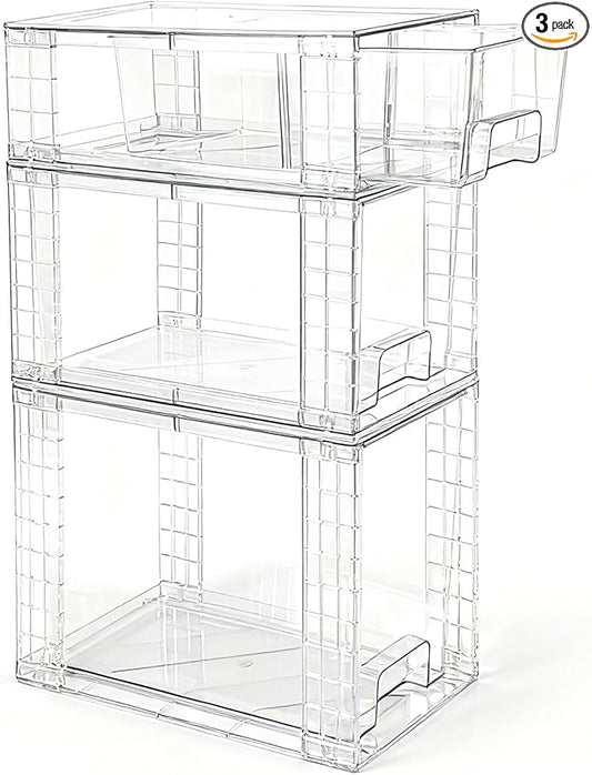 3 Pack Stackable Storage Drawers, Clear Plastic Storage Bins with Pull-out Handle for Kitchen Pantry Cabinet Bathroom Under Sink Organization