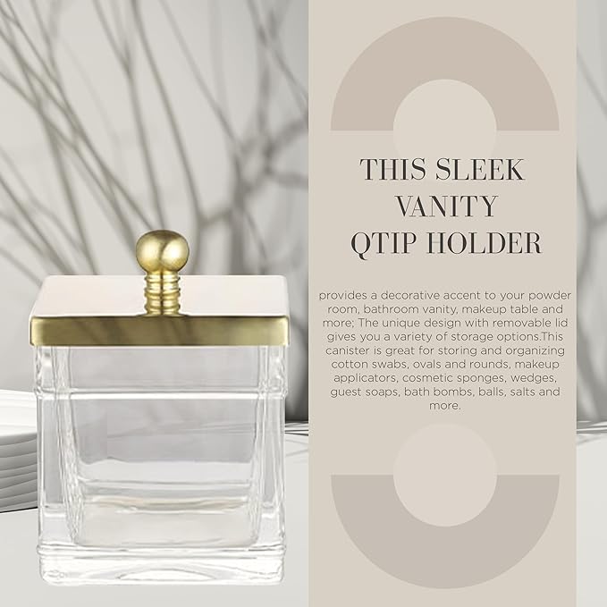 Indecor Home Clear Transparent Hotel Style Apothecary Tempered Glass Canister Jar W/ Gold Metal Lid Cover, Classic Countertop Organizer for Cotton balls/pads, Floss Picks, Makeup Storage