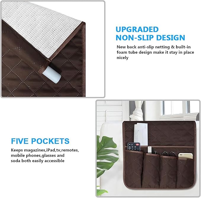 AUVCAS Sofa Armrest Organizer Non-Slip Arm Chair Bedside Storage Caddy Organizer Armchair Caddy for Recliner Couch Remote Holder with 5 Pockets for Cell Phone TV Remote Control Magazines (Coffee)