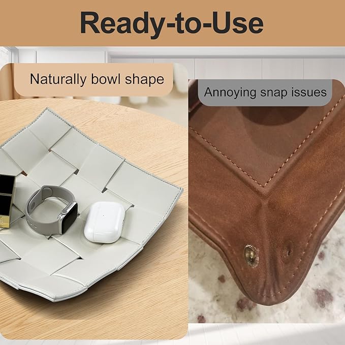 MSJGA Valet Tray for Men and Women PU Leather Key Holder Bowl for Entryway Table Bedside Nightstand Desk Catchall Organizer Tray for Wallet, Watch, Key, Phone Men's Gift - 9.8" L x 9.8" W x 2" H