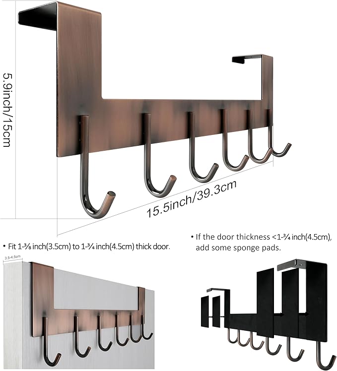 WEBI Over The Door Hooks for Hanging,Door Hanger:Over The Door Towel Rack,Over The Door Coat Rack Door Coat Hanger,6 Hooks for Hanging Clothes,Towels,Hats,Back of Bathroom,Antique Copper