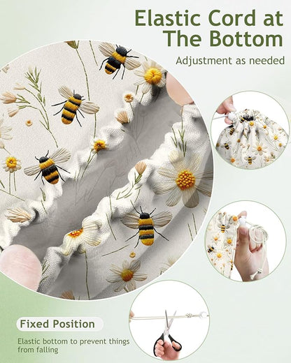 Plastic Bag Holder Organizer - 1 Pack Reusable Canvas Grocery Bags Holder Hanging Wall Cute Aesthetic Shopping Bag Storage Dispenser with Drawstring Closure for Kitchen Home, Flower Bee