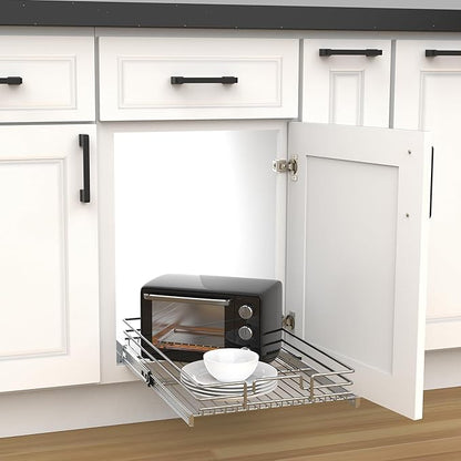 Pull Out Cabinet Organizer, Heavy-Duty Metal Sliding Drawer Shelf for Kitchen Cabinets, Chrome, Doesn't Include Door Fittings (17 * 21 IN)