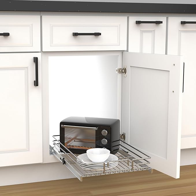 Pull Out Cabinet Organizer, Heavy-Duty Metal Sliding Drawer Shelf for Kitchen Cabinets, Chrome, Doesn't Include Door Fittings (20 * 21 IN)